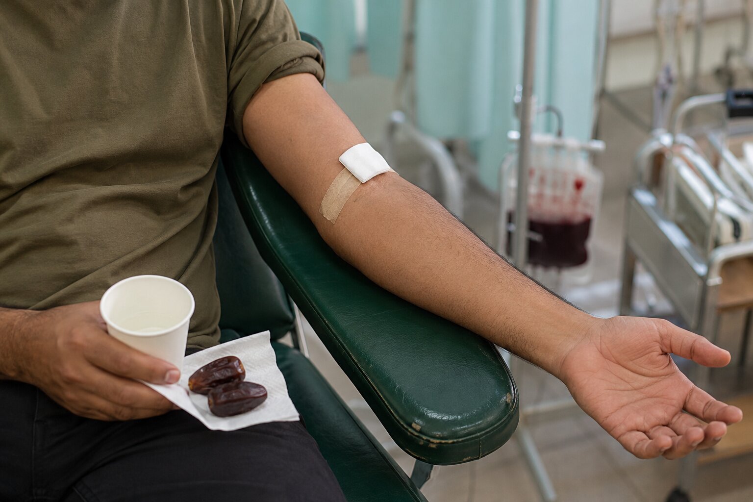 ذراع متبرع بالدم بعد التبرع، وبيده كوب ماء وتمرات